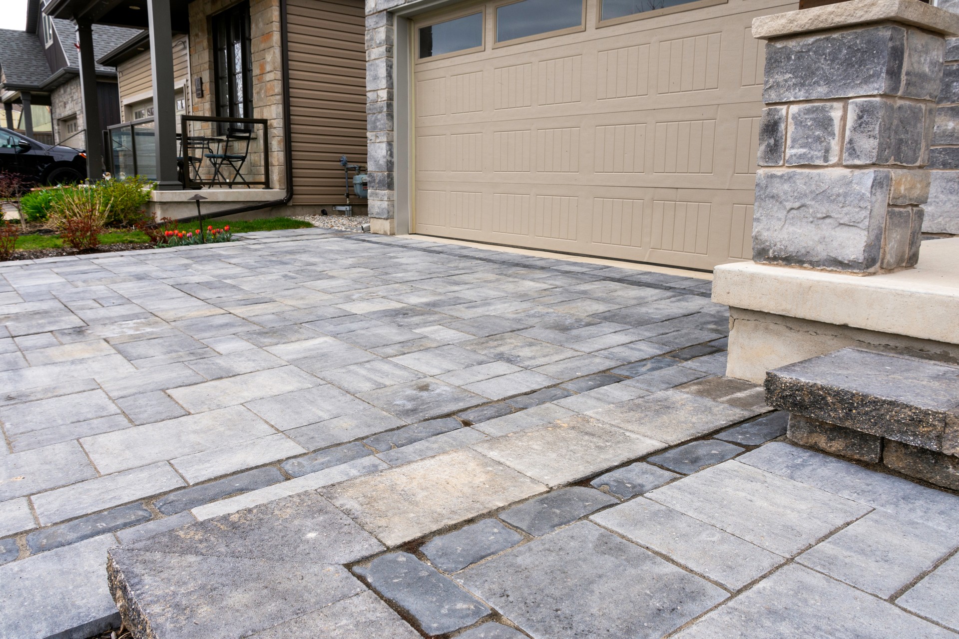 Closeup of front residential luxury landscaping for a smaller home.