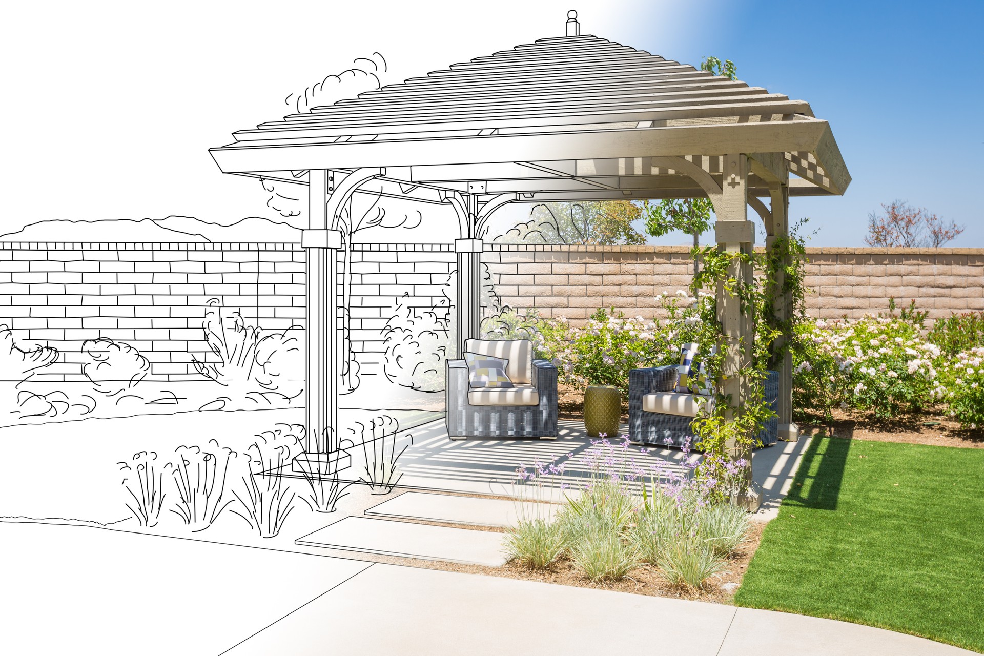 Beautiful Pergola Patio Cover Drawing Transitioning to Photo Reality.